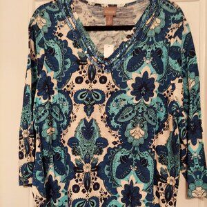 NWT Chico's V Neck Blue & White Multi 3/4 Sleeve Tee w/ Sequin Embellish size 3